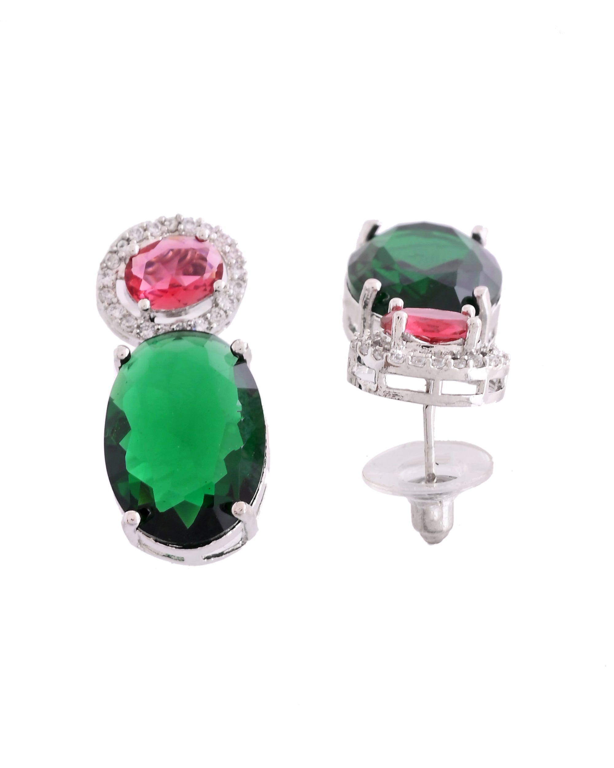 VOJ Silver Plated Green And Red Stone Studded Elegant Ad Earrings | Grab2Buy
