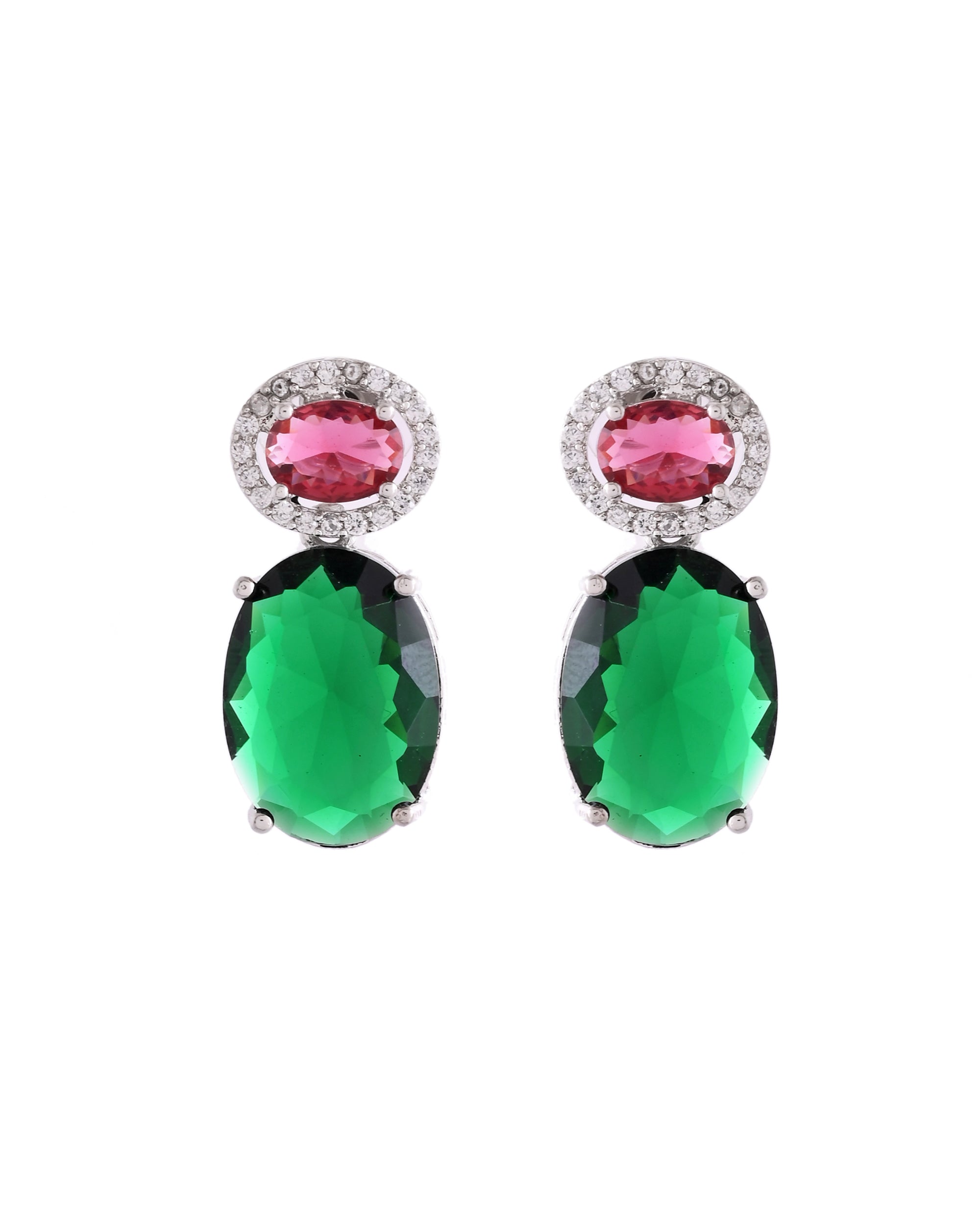 VOJ Silver Plated Green And Red Stone Studded Elegant Ad Earrings | Grab2Buy