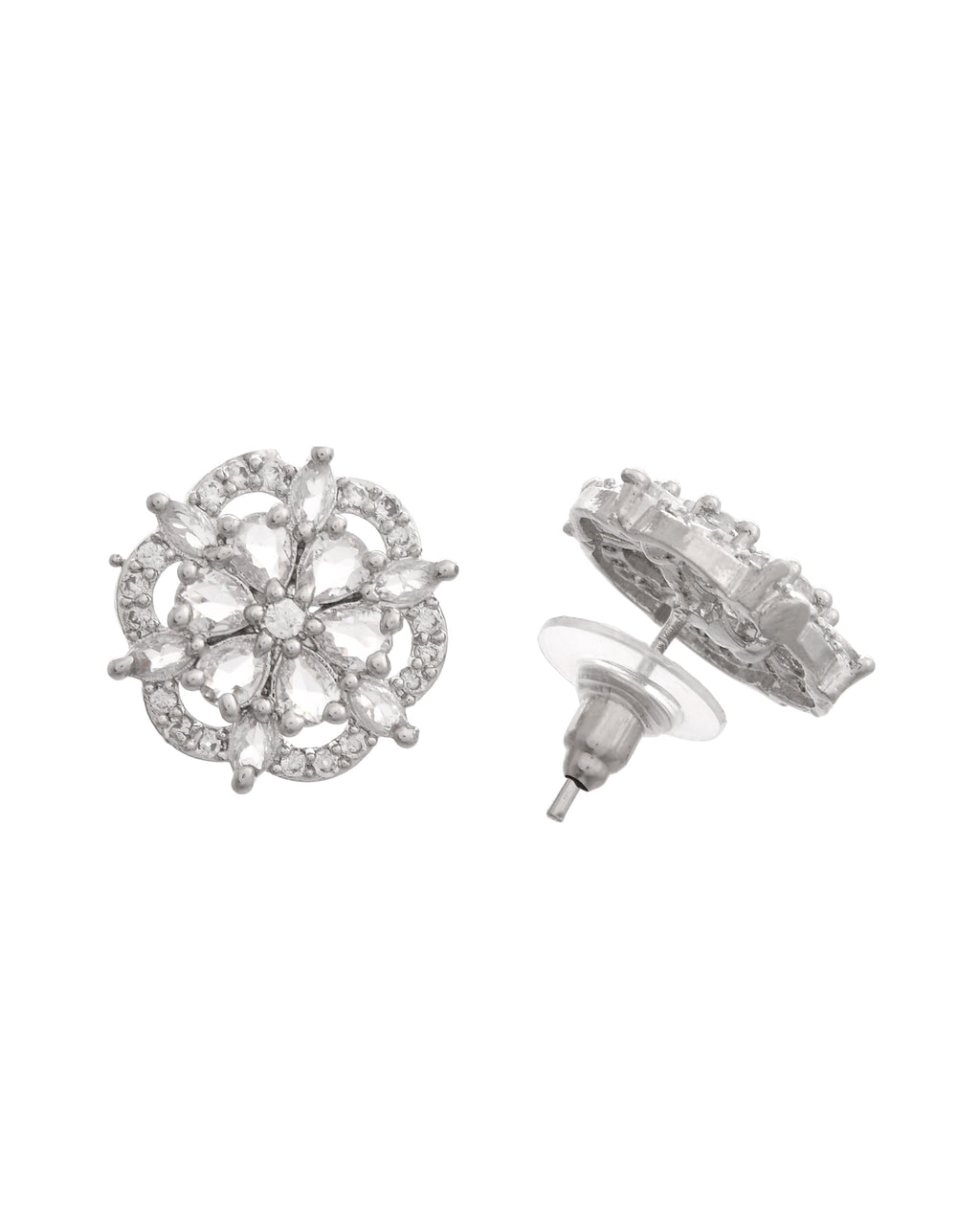 VOJ Silver Plated Floral Shape Ad Stone Studded Studs Earrings | Grab2Buy