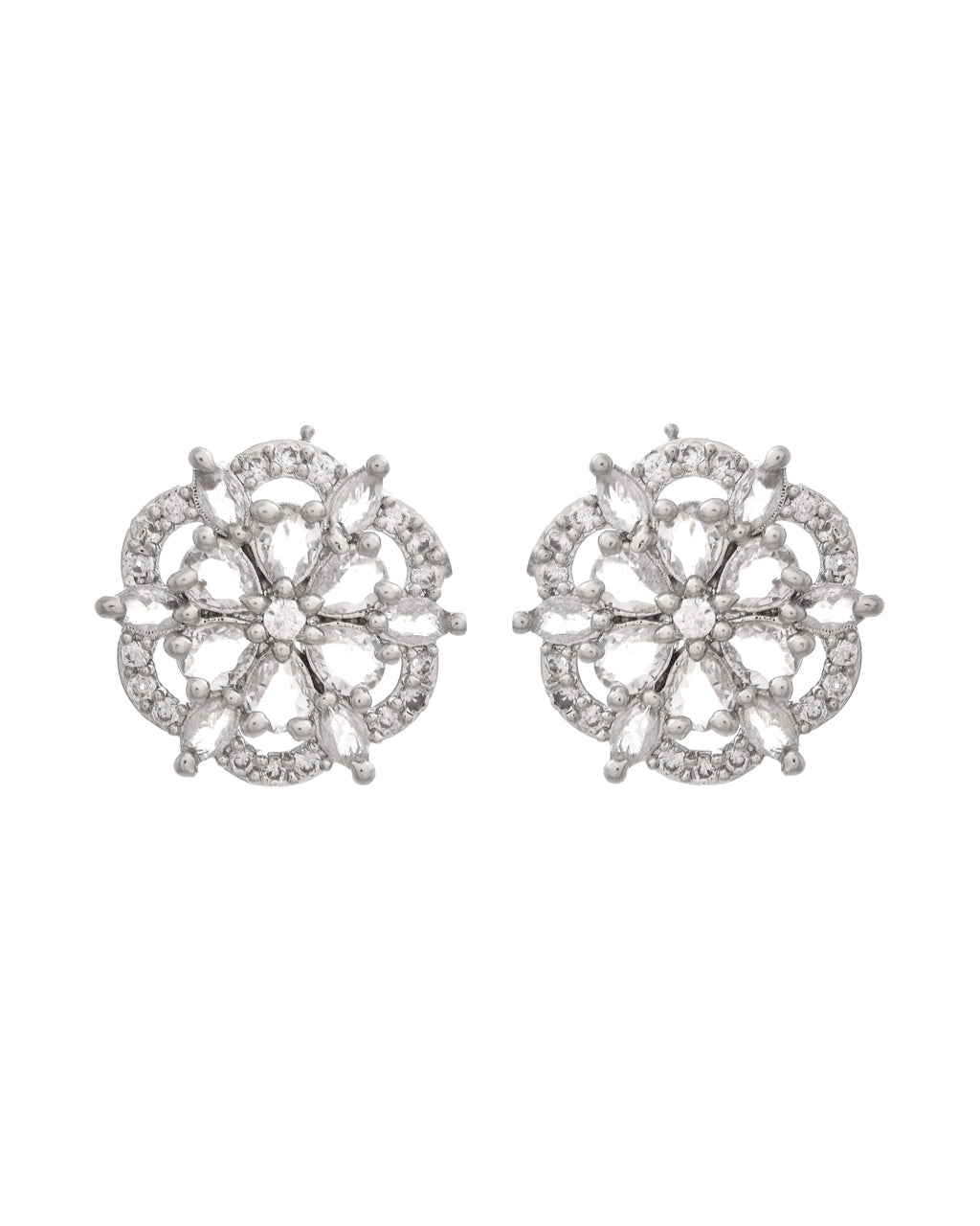 VOJ Silver Plated Floral Shape Ad Stone Studded Studs Earrings | Grab2Buy