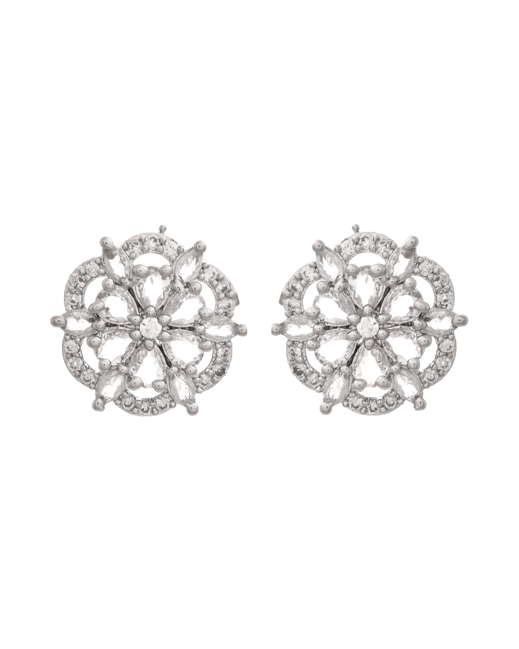 VOJ Silver Plated Floral Shape Ad Stone Studded Studs Earrings | Grab2Buy