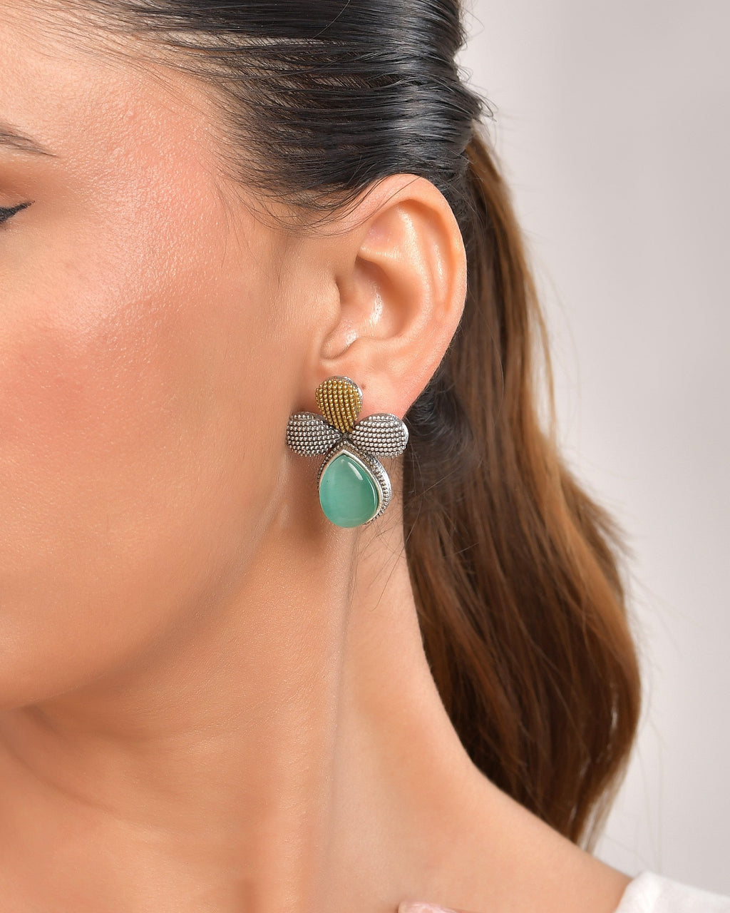 VOJ Silver Toned Teal Stone Studded Elegant Earrings | Grab2Buy