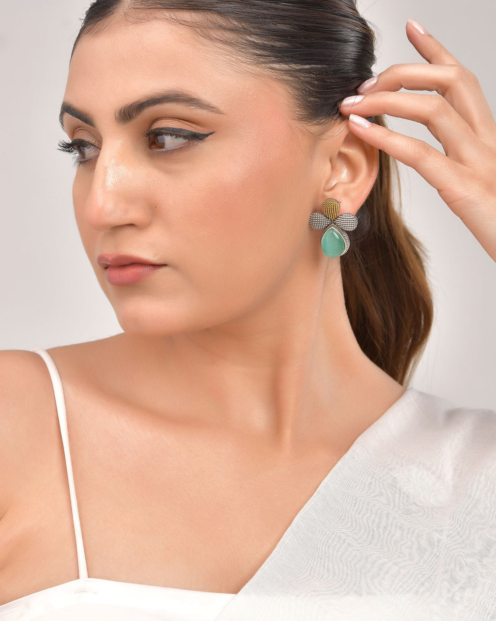 VOJ Silver Toned Teal Stone Studded Elegant Earrings | Grab2Buy