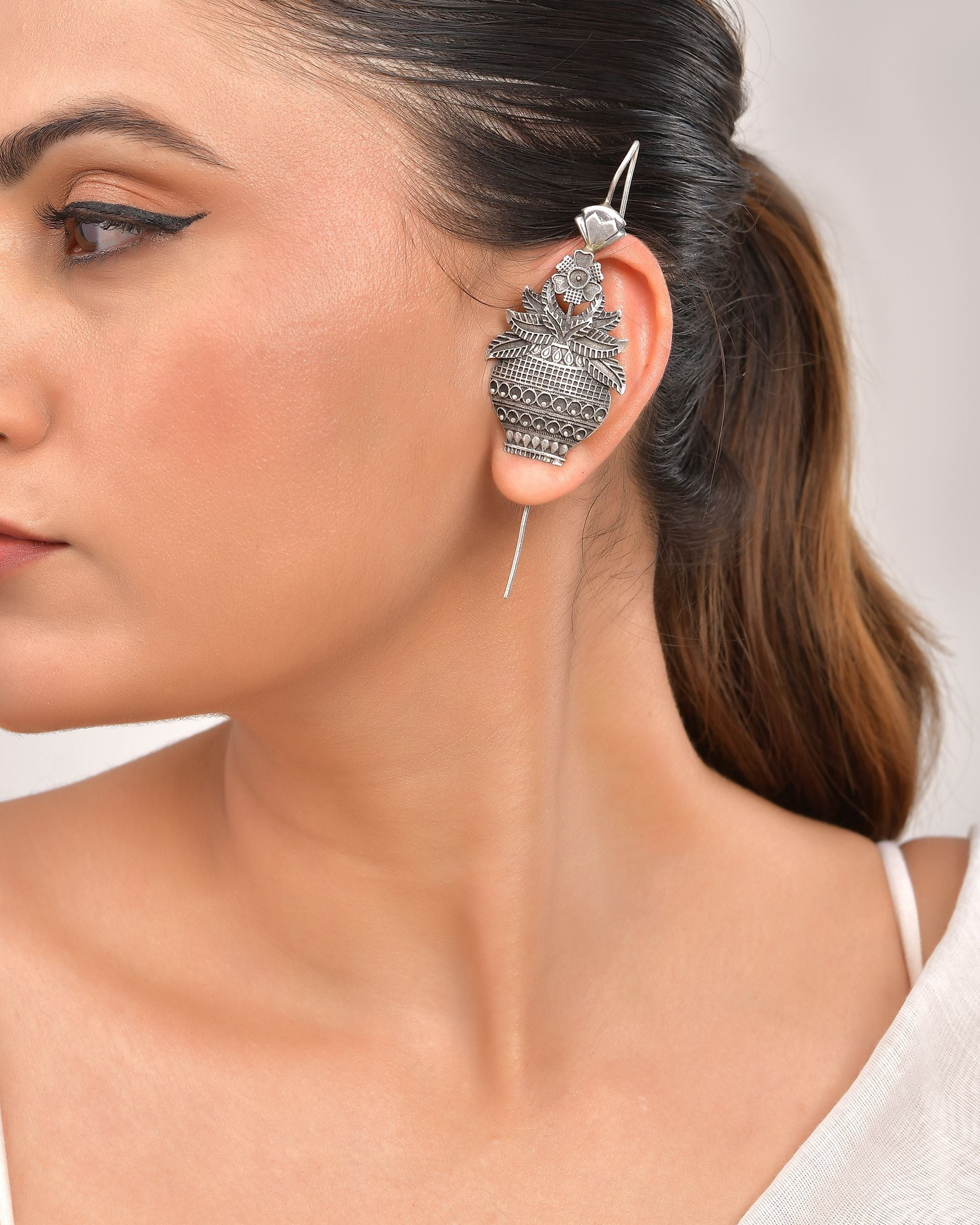 VOJ Silver Toned Designer Floral Shaped Ear Cuff | Grab2Buy