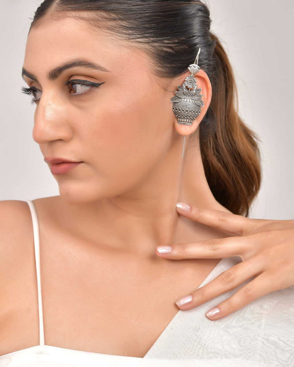 VOJ Silver Toned Designer Floral Shaped Ear Cuff | Grab2Buy