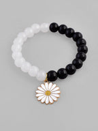 VOJ Black White Beads White Flower Elastic Bracelet