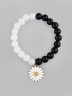 VOJ Black White Beads White Flower Elastic Bracelet