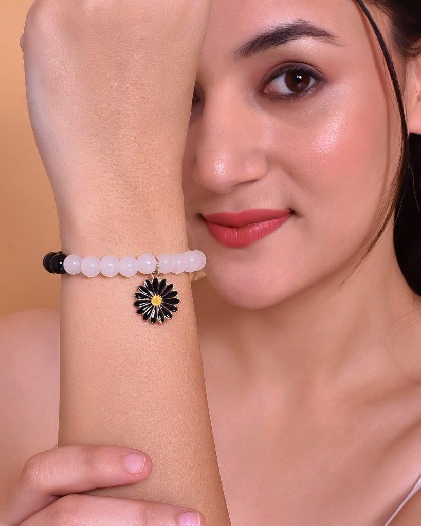 VOJ Black White Beads Black Flower Elastic Bracelet | Grab2Buy