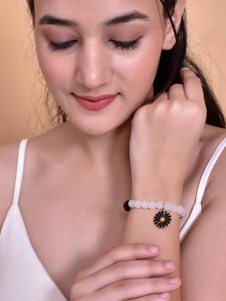 VOJ Black White Beads Black Flower Elastic Bracelet | Grab2Buy