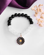 VOJ Black White Beads Black Flower Elastic Bracelet | Grab2Buy