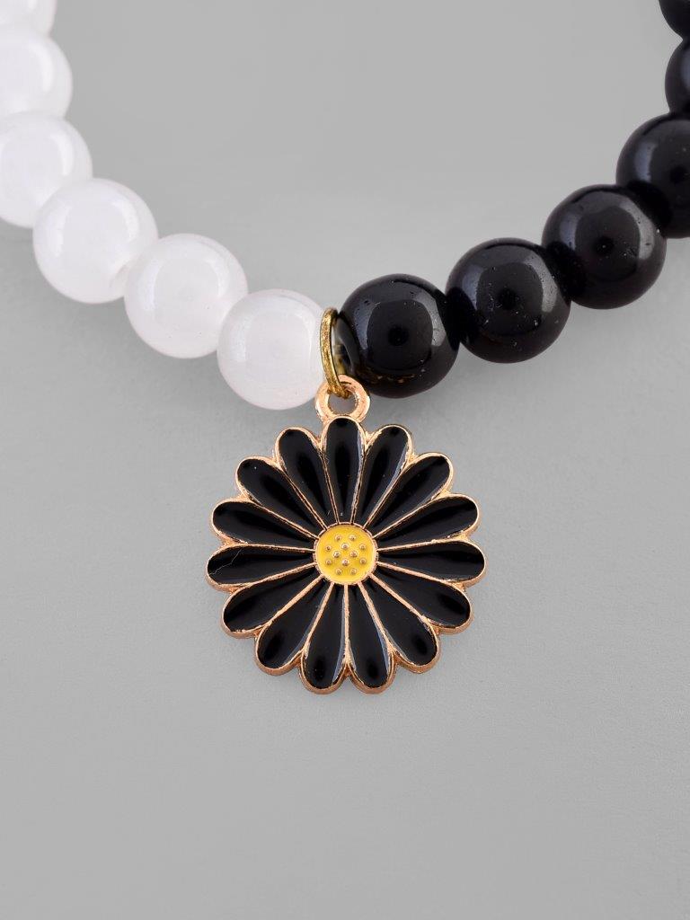 VOJ Black White Beads Black Flower Elastic Bracelet | Grab2Buy