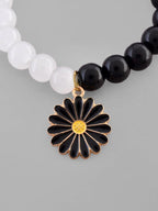VOJ Black White Beads Black Flower Elastic Bracelet | Grab2Buy