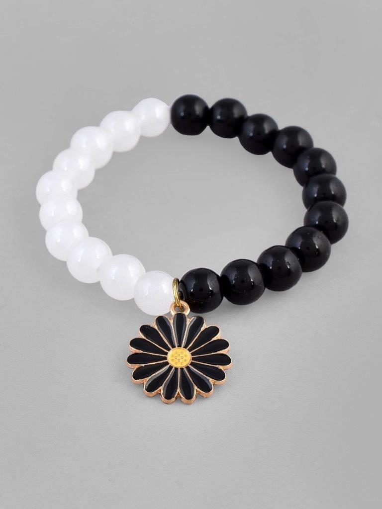 VOJ Black White Beads Black Flower Elastic Bracelet | Grab2Buy