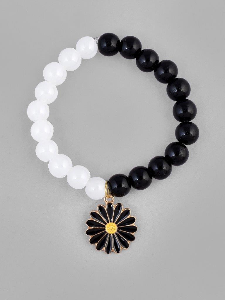 VOJ Black White Beads Black Flower Elastic Bracelet | Grab2Buy