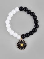VOJ Black White Beads Black Flower Elastic Bracelet | Grab2Buy