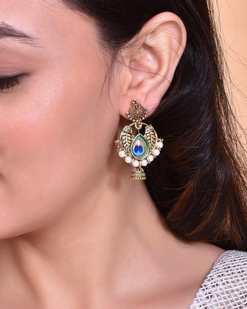 VOJ Gold-Polished Peacock Contemporay Jhumka Earrings | Grab2Buy
