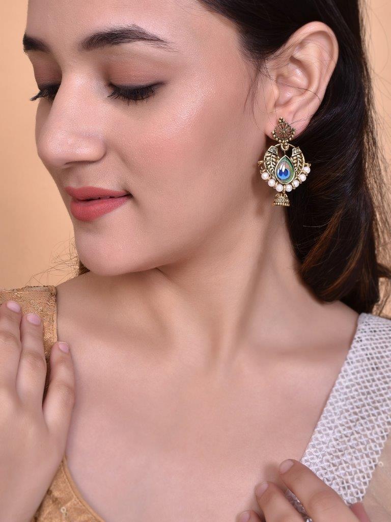 VOJ Gold-Polished Peacock Contemporay Jhumka Earrings | Grab2Buy