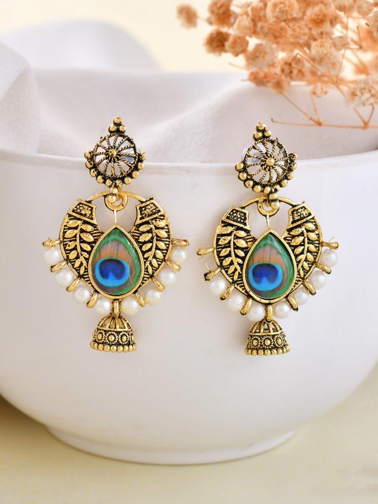 VOJ Gold-Polished Peacock Contemporay Jhumka Earrings | Grab2Buy