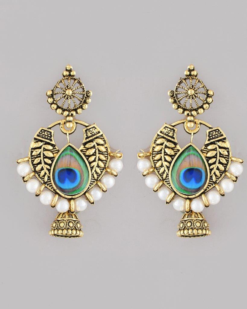 VOJ Gold-Polished Peacock Contemporay Jhumka Earrings | Grab2Buy