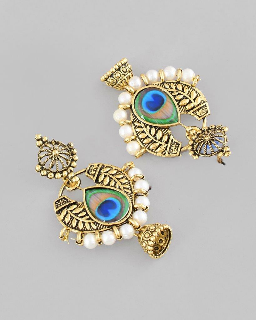VOJ Gold-Polished Peacock Contemporay Jhumka Earrings | Grab2Buy