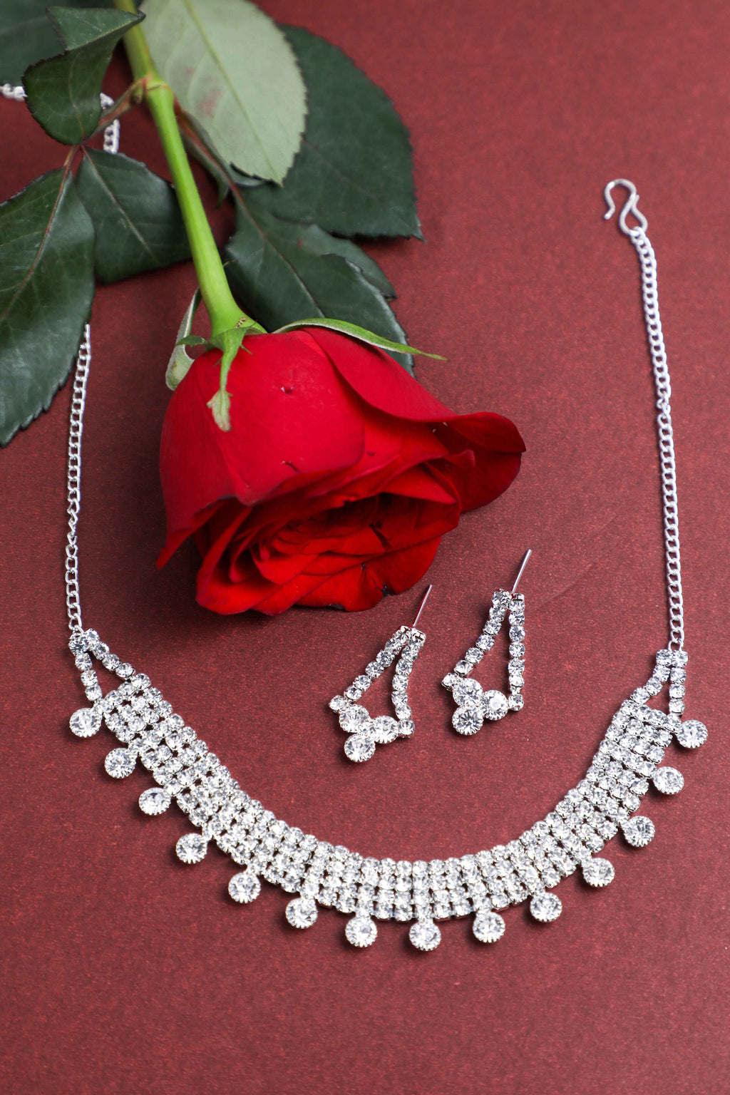 VOJ Silver Plated Stone Studded Choker Necklace And Earrings Set | Grab2Buy