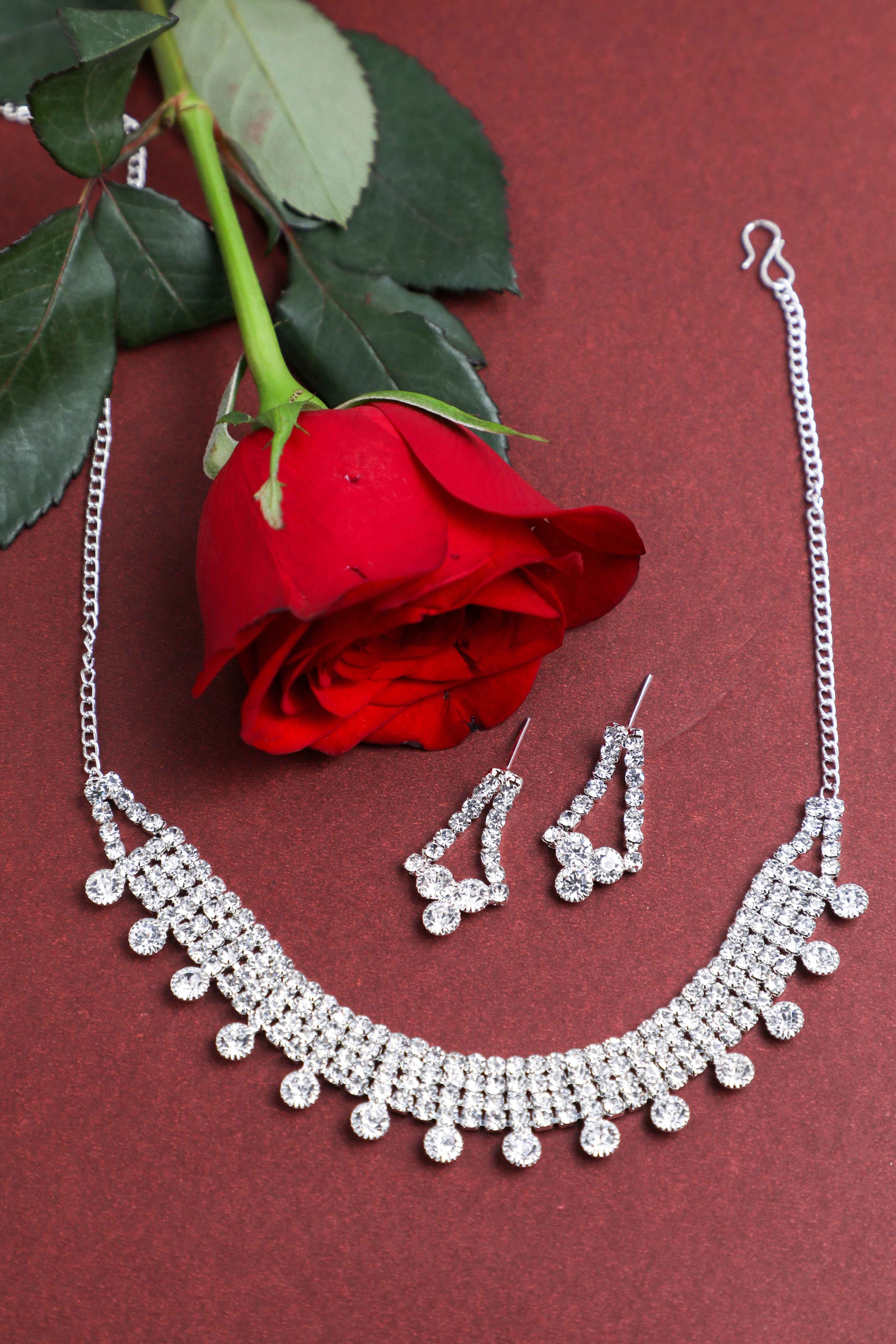 VOJ Silver Plated Stone Studded Choker Necklace And Earrings Set | Grab2Buy