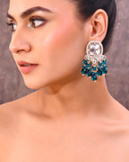 VOJ Silver Plated Kundan Earrings with Teal colour Pearls | Grab2Buy