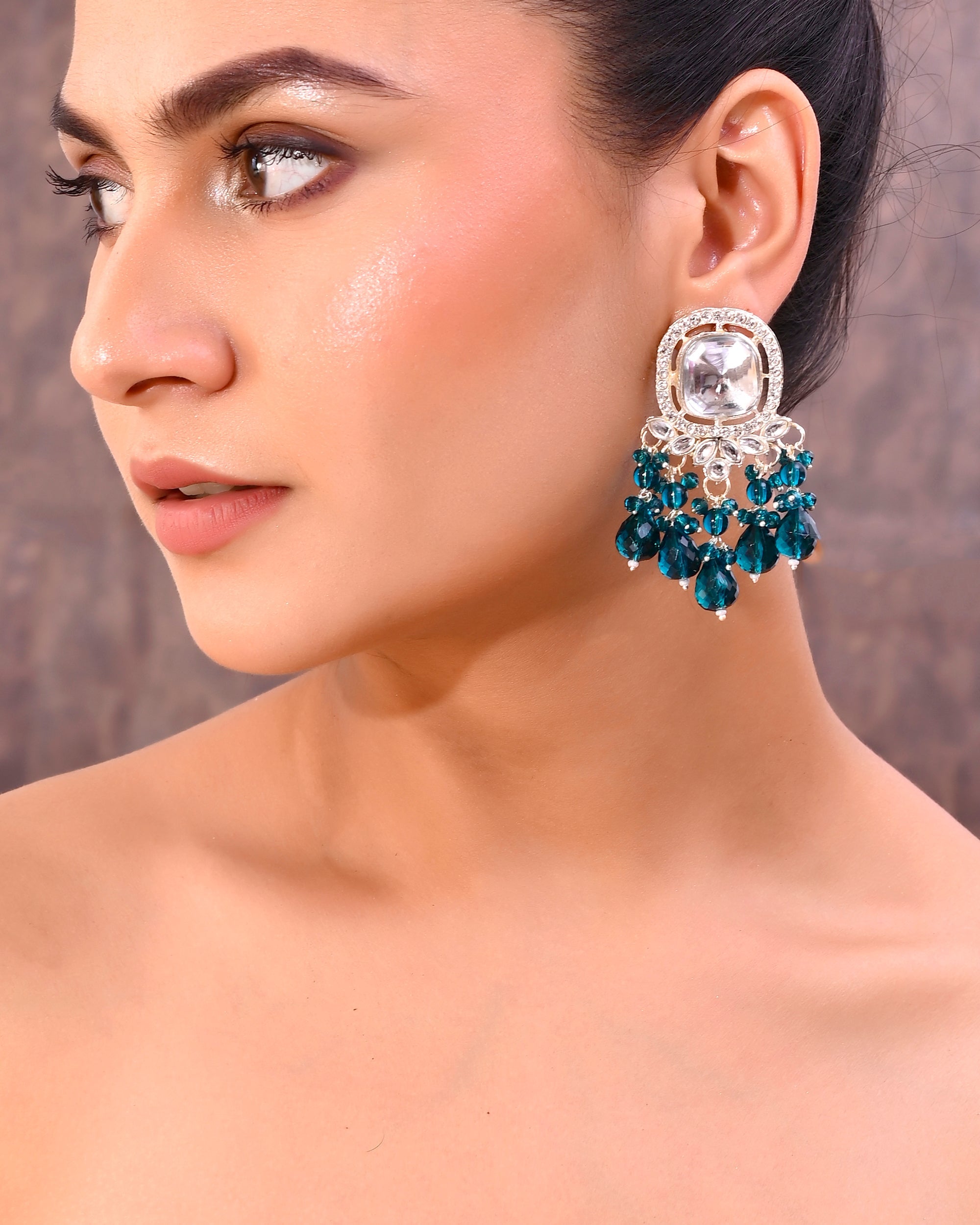 VOJ Silver Plated Kundan Earrings with Teal colour Pearls | Grab2Buy
