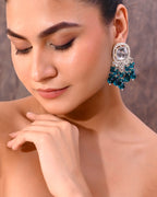 VOJ Silver Plated Kundan Earrings with Teal colour Pearls | Grab2Buy