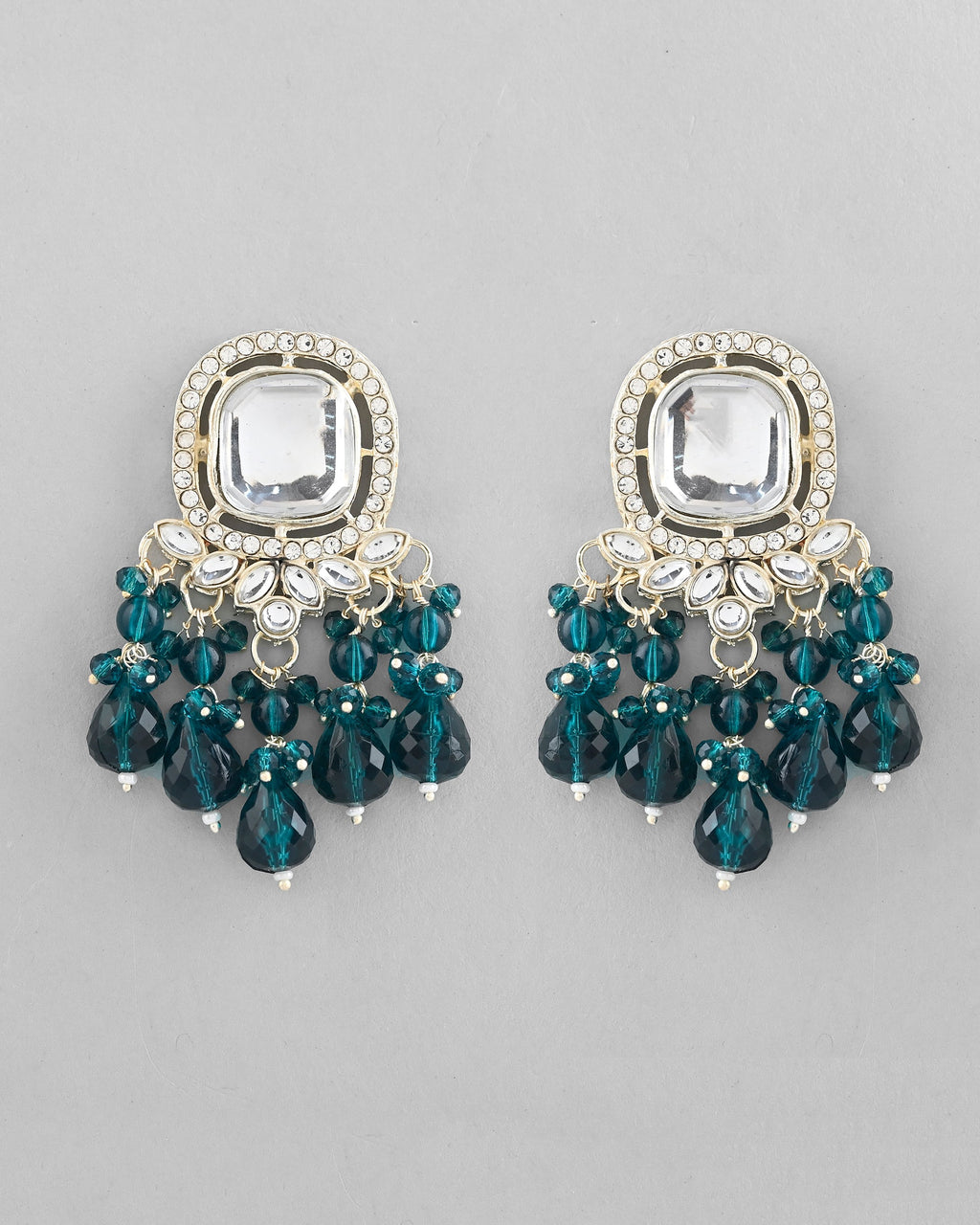 VOJ Silver Plated Kundan Earrings with Teal colour Pearls | Grab2Buy