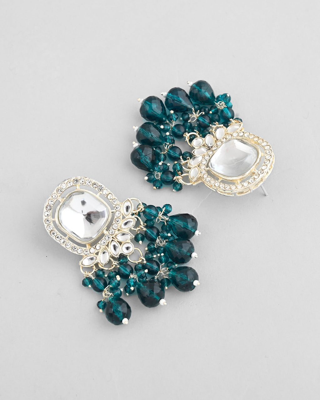 VOJ Silver Plated Kundan Earrings with Teal colour Pearls | Grab2Buy