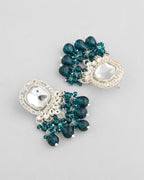 VOJ Silver Plated Kundan Earrings with Teal colour Pearls | Grab2Buy