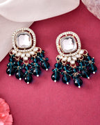 VOJ Silver Plated Kundan Earrings with Teal colour Pearls | Grab2Buy