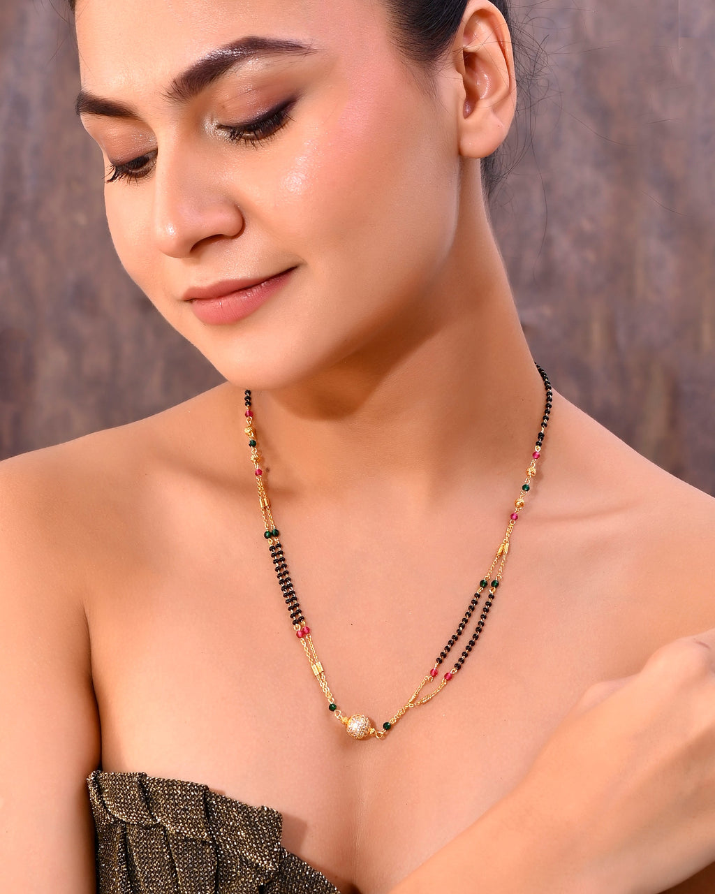 VOJ Gold-Polished AD-Studded & Beaded Layered Mangalsutra | Grab2Buy