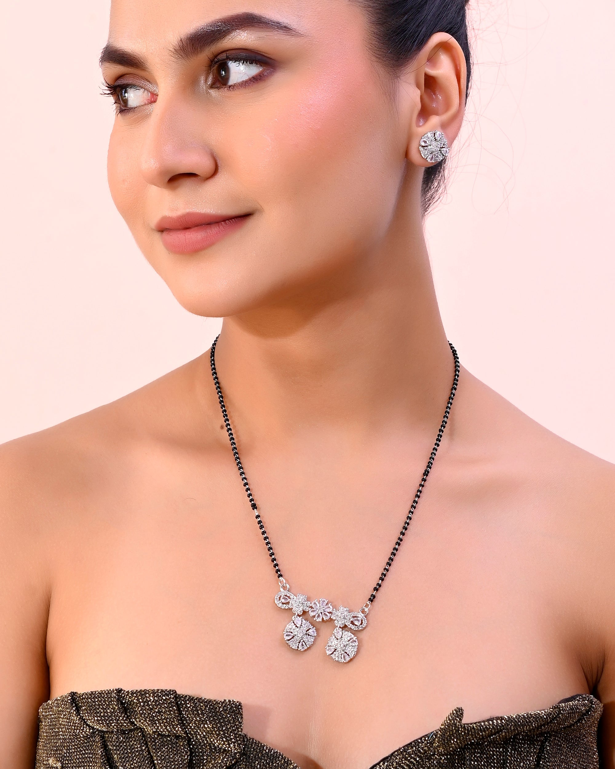 VOJ Silver-Plated Black Beaded & AD Studded Chain Mangalsutra Set | Grab2Buy