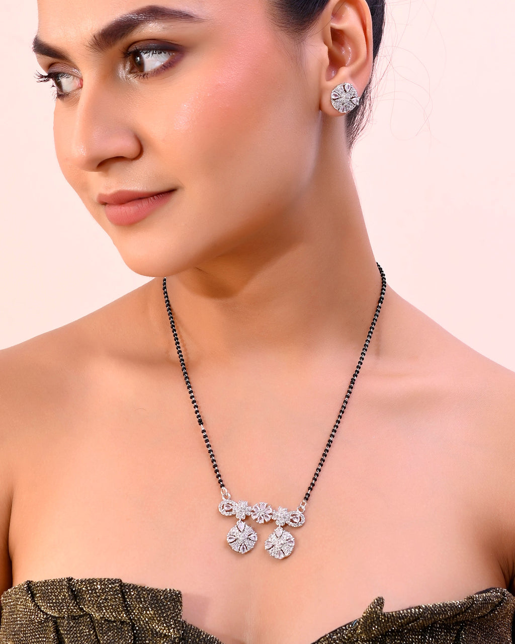 VOJ Silver-Plated Black Beaded & AD Studded Chain Mangalsutra Set | Grab2Buy