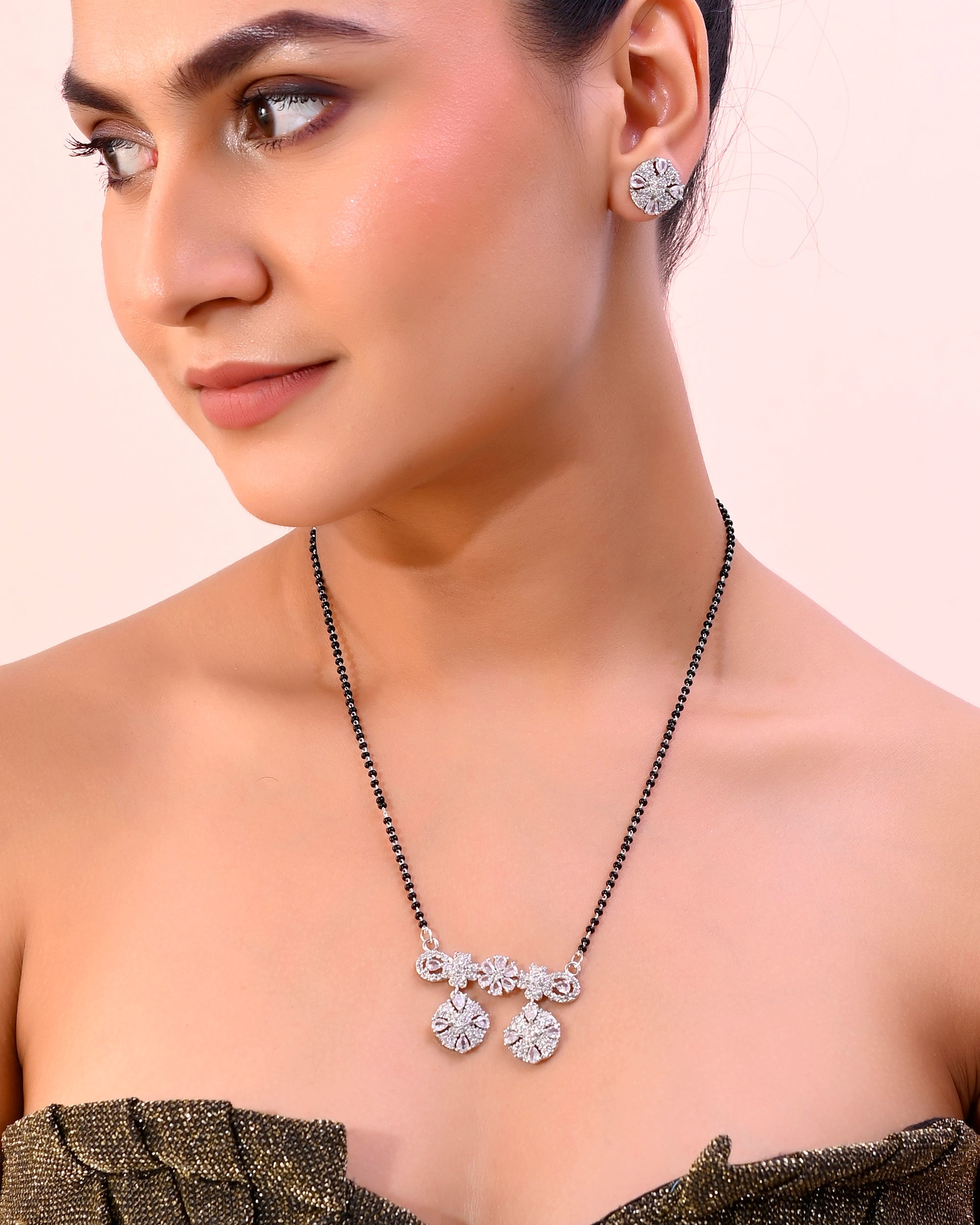 VOJ Silver-Plated Black Beaded & AD Studded Chain Mangalsutra Set | Grab2Buy