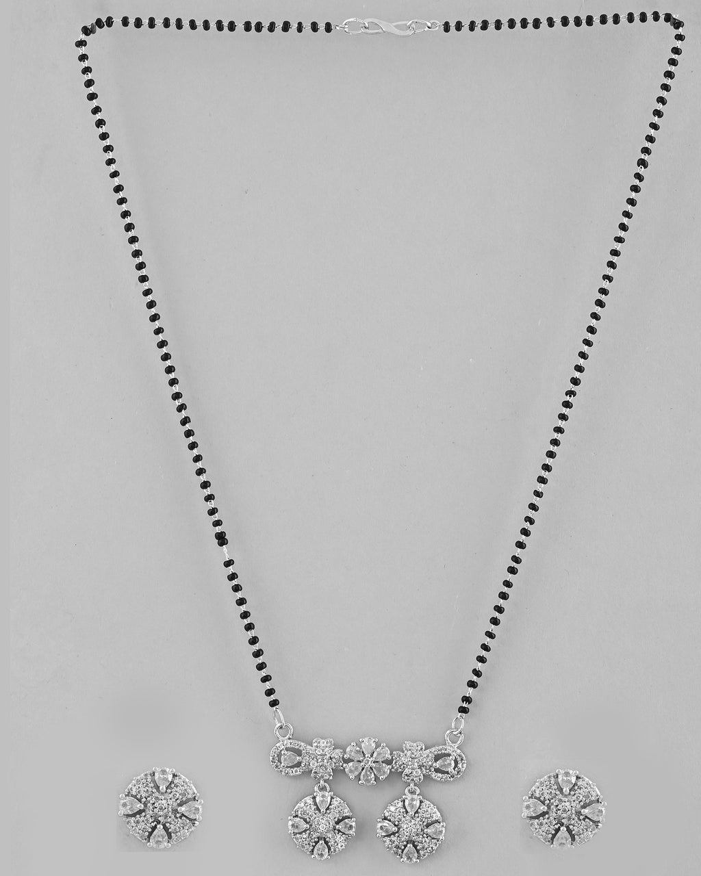 VOJ Silver-Plated Black Beaded & AD Studded Chain Mangalsutra Set | Grab2Buy