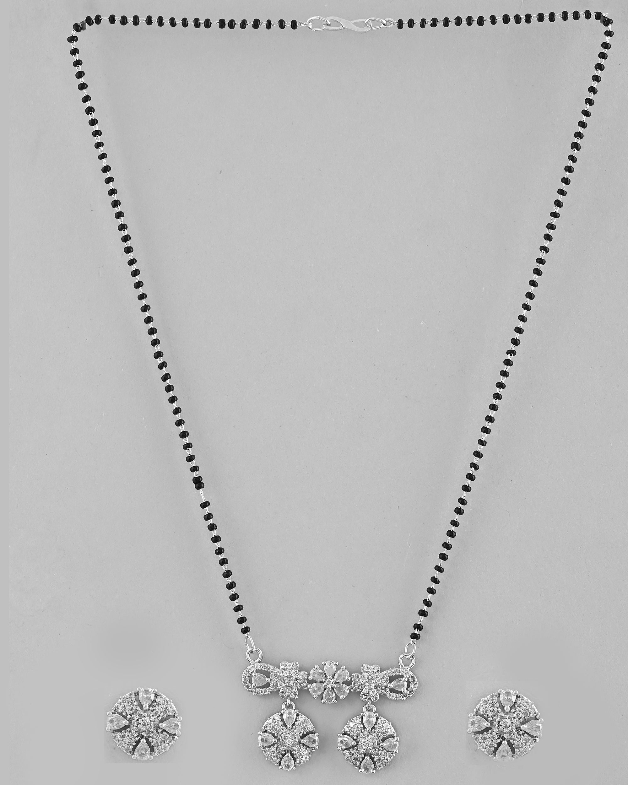 VOJ Silver-Plated Black Beaded & AD Studded Chain Mangalsutra Set | Grab2Buy
