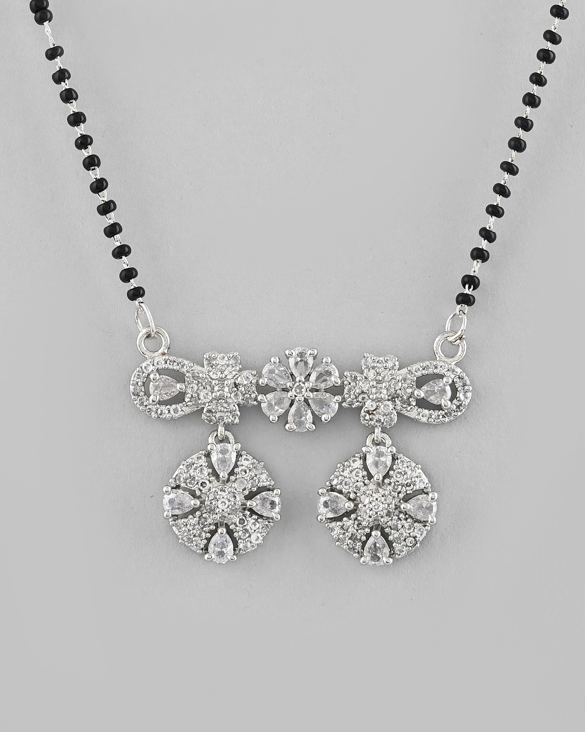 VOJ Silver-Plated Black Beaded & AD Studded Chain Mangalsutra Set | Grab2Buy