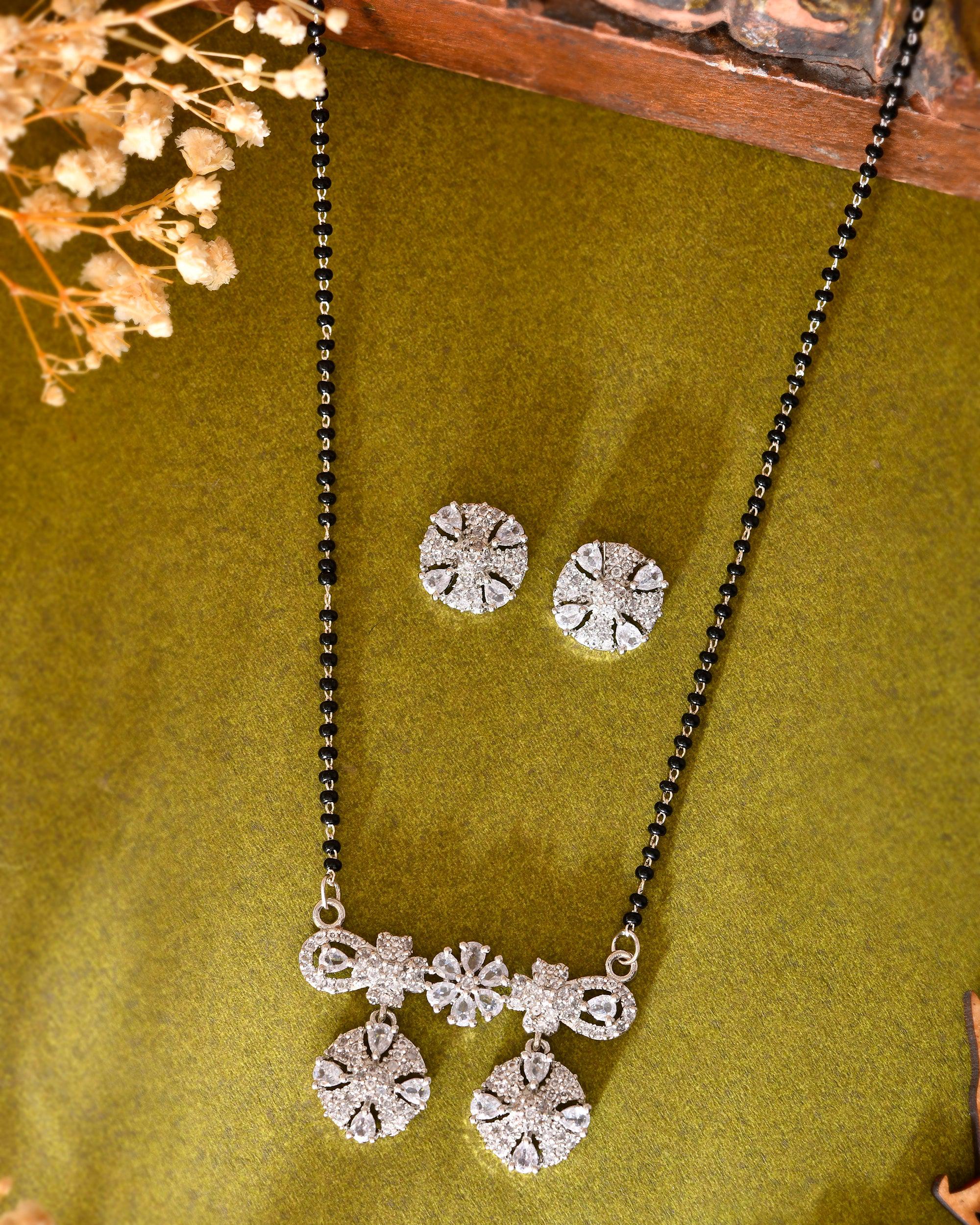 VOJ Silver-Plated Black Beaded & AD Studded Chain Mangalsutra Set | Grab2Buy