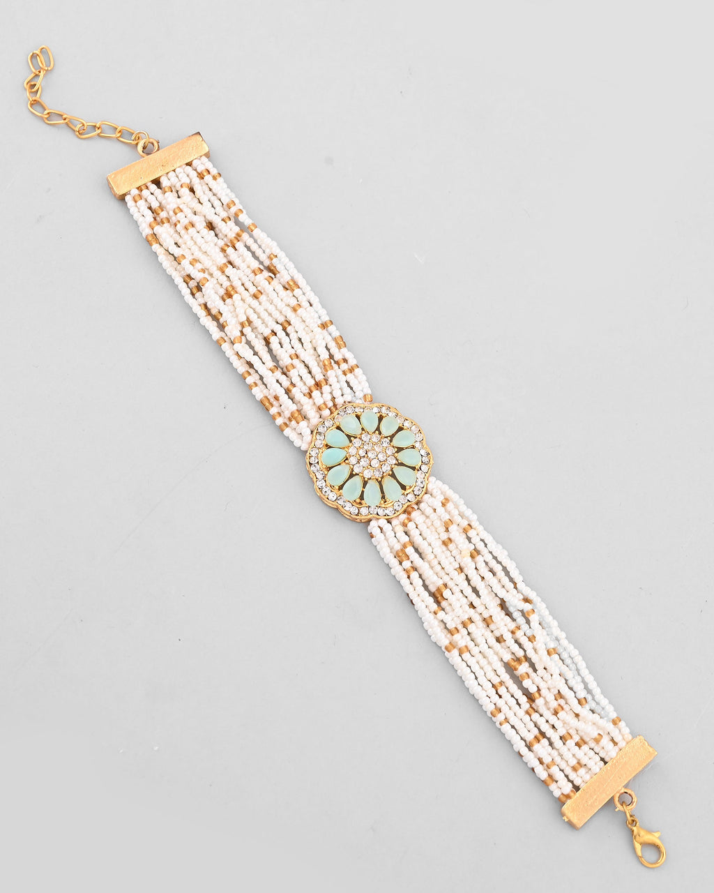 VOJ Gold-Polished Green Flower Studded And Beaded Mutli Layer Bracelet