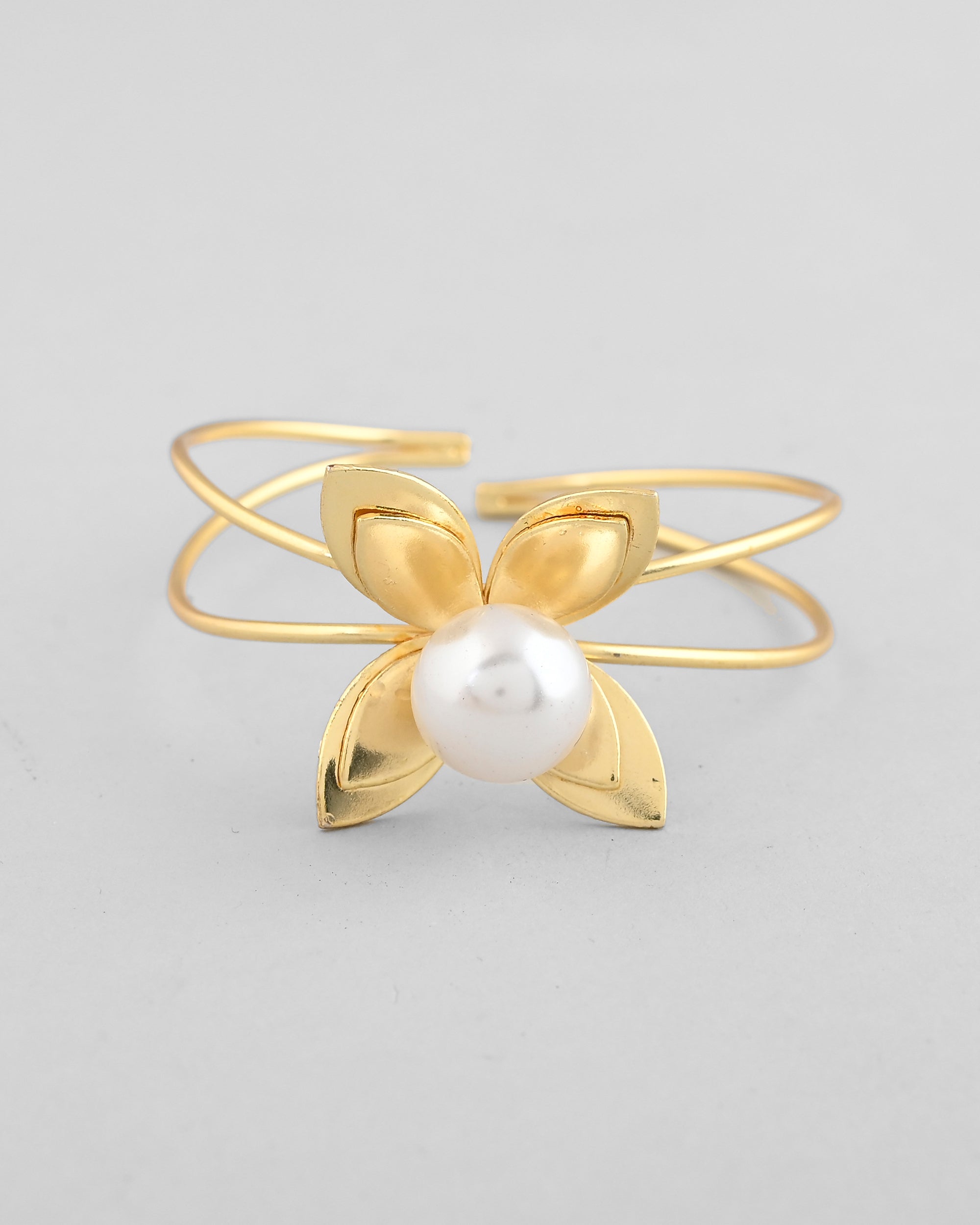 VOJ Gold-Polished Flower Shaped With Pearl In Center Kada Bracelet