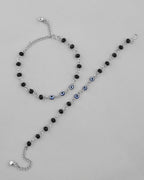 VOJ Set Of 2 Silver Plated With Black beads and Evil Eye Anklet