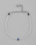 VOJ Set Of 2 Silver Plated With White beads and Evil Eye Anklet