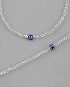 VOJ Set Of 2 Silver Plated With White beads and Evil Eye Anklet