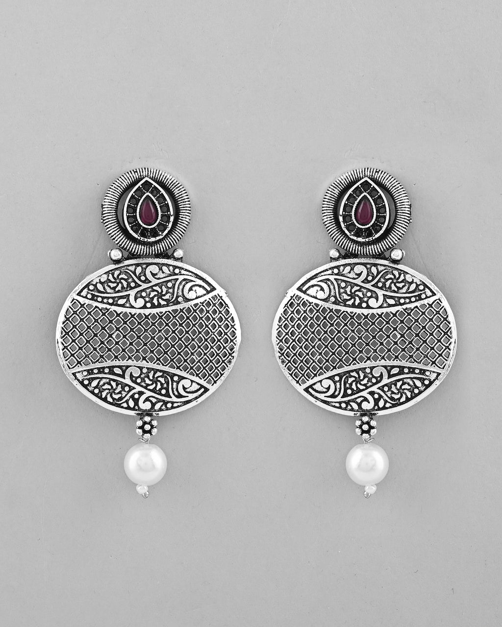 VOJ Rhodium-Plated Oxidized Contemporary With Pearl Earrings | Grab2Buy