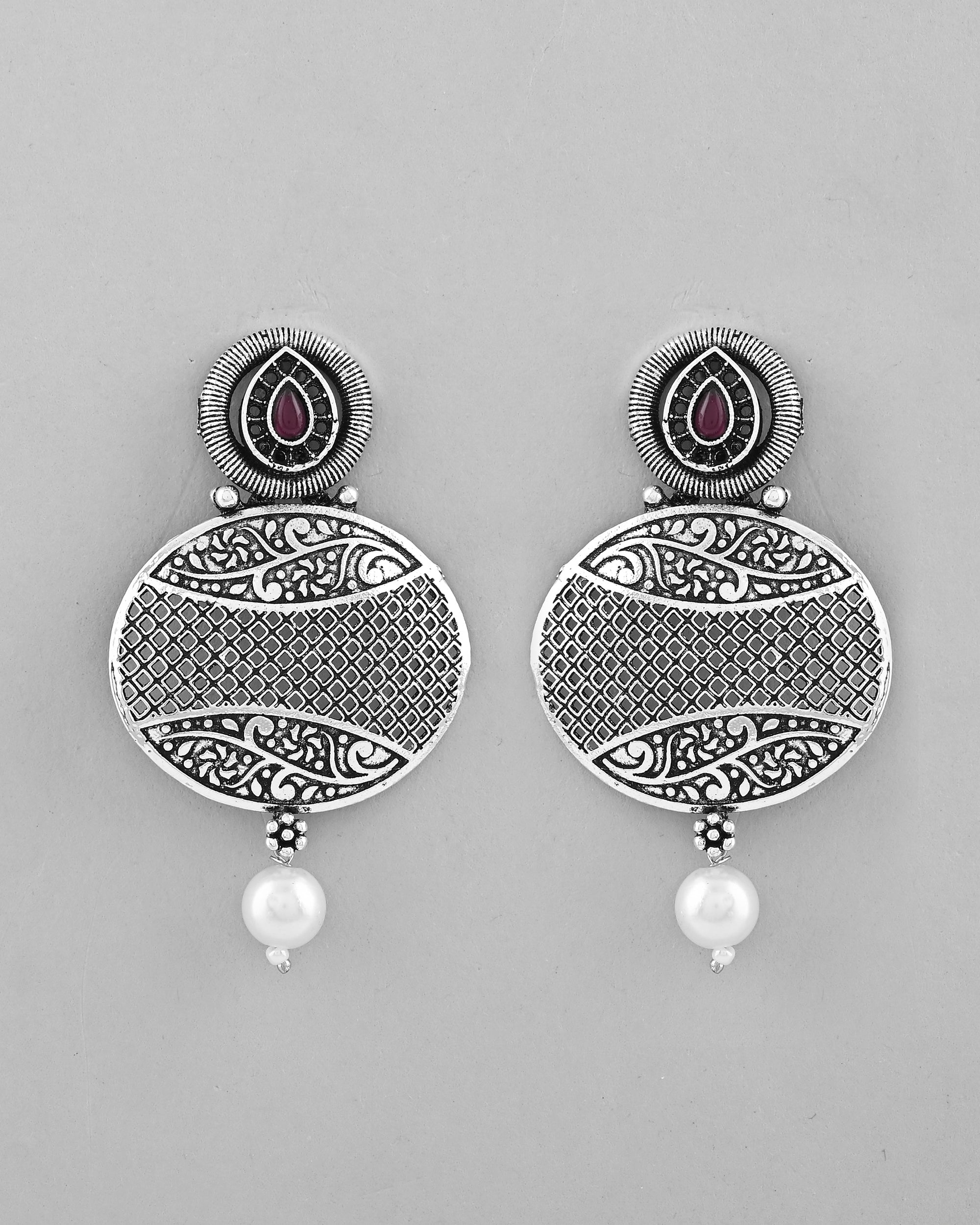 VOJ Rhodium-Plated Oxidized Contemporary With Pearl Earrings | Grab2Buy