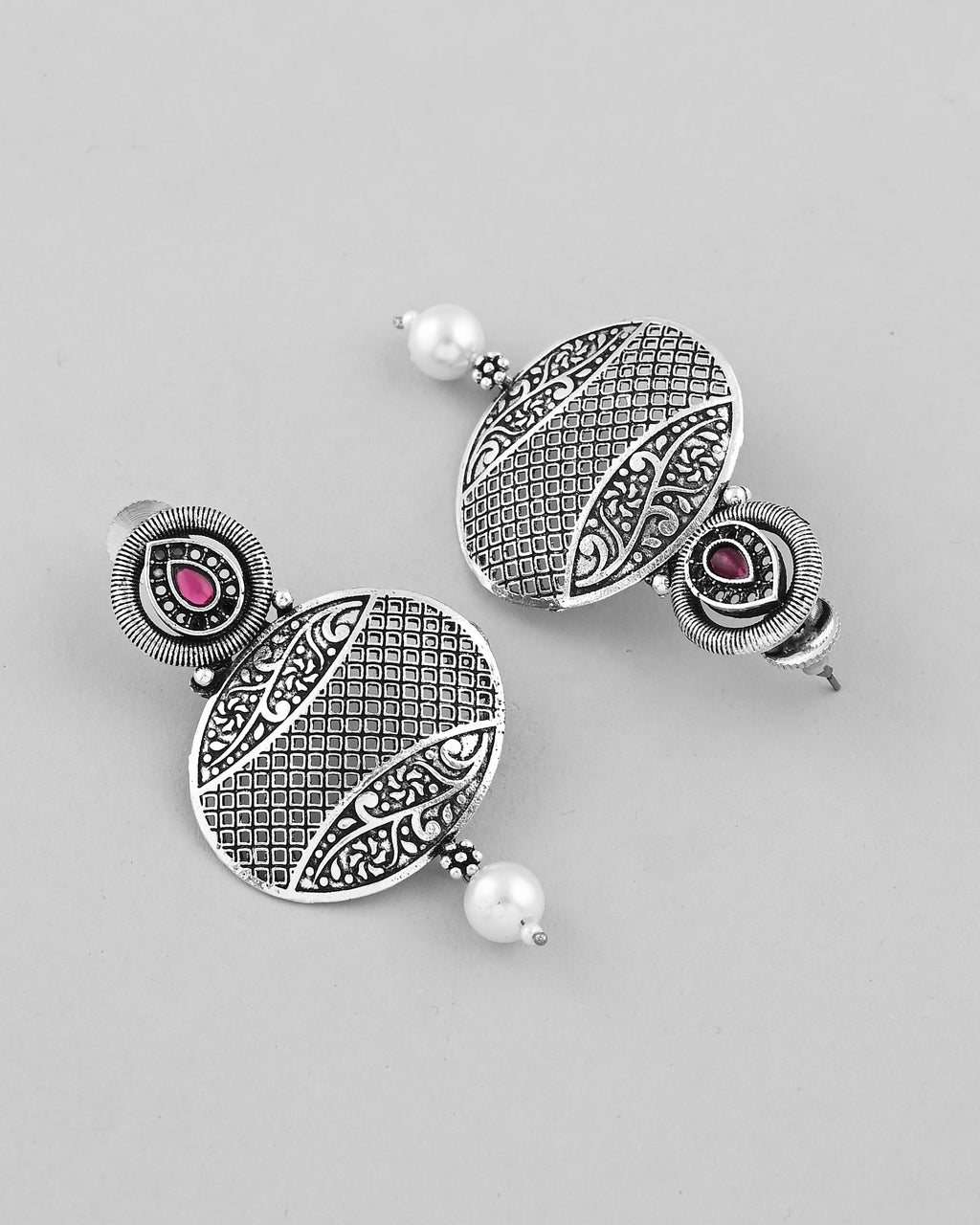 VOJ Rhodium-Plated Oxidized Contemporary With Pearl Earrings | Grab2Buy