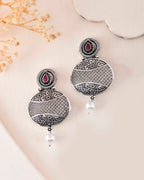 VOJ Rhodium-Plated Oxidized Contemporary With Pearl Earrings | Grab2Buy